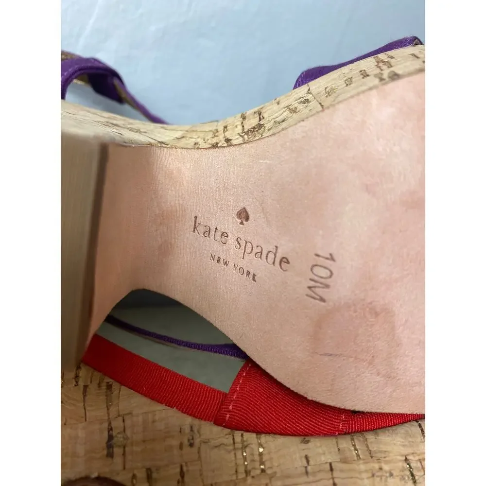 KATE SPADE SANDALS 10 PENNY PLATFORM CHUNKY CORK WEDGE HEELS STRAPPY RED PURPLE
